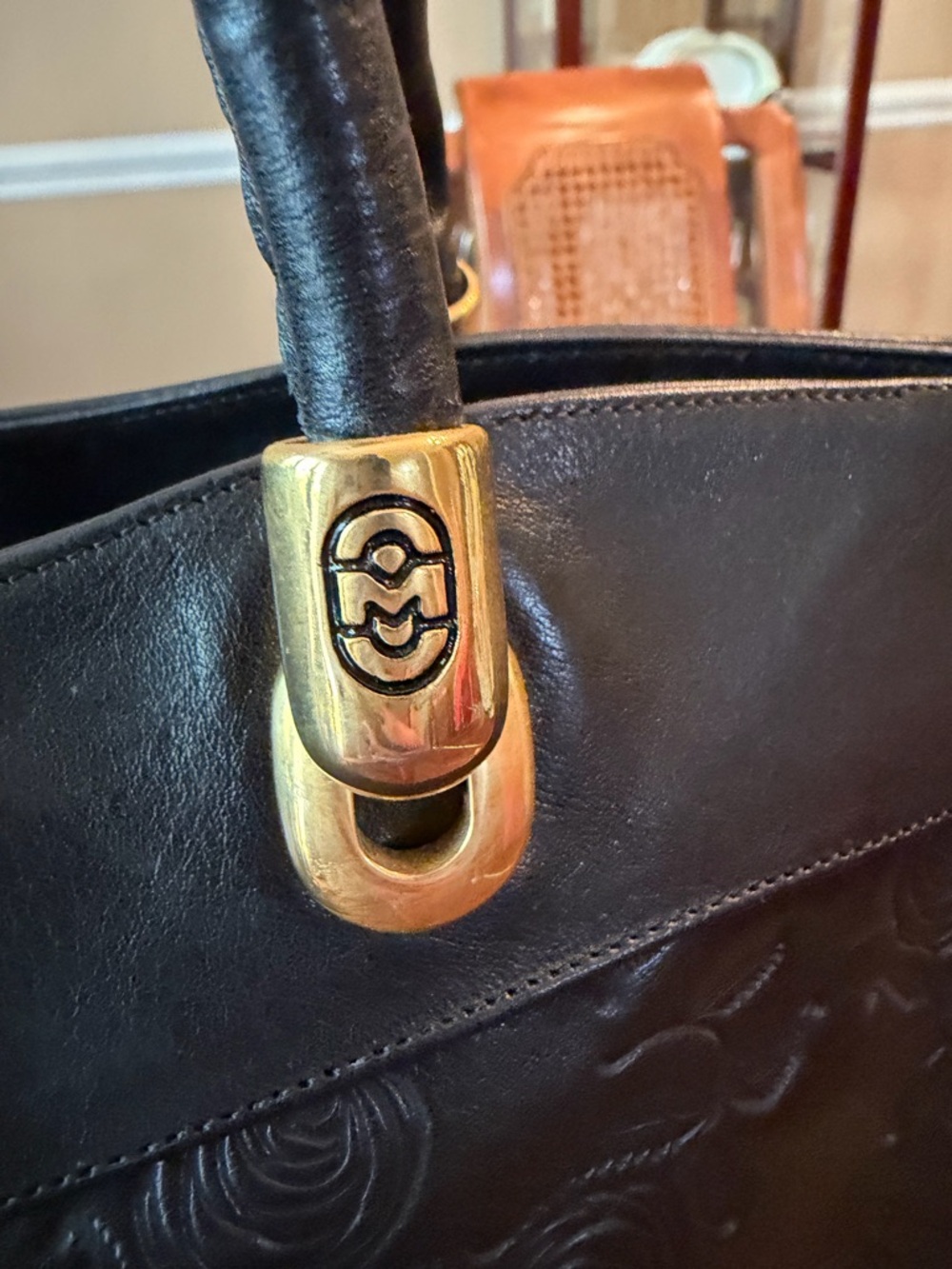 Marino Orlandi Black Embossed Rose Leather Tote with Gold Hardware - Picture 3 of 11
